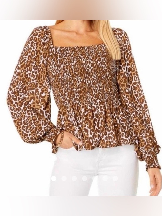 Lilly Pulitzer Tops - Lilly Pulitzer Brown and White Leopard Smocked Square-Neck Blouse